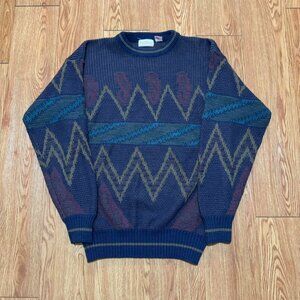 Vintage 90s Campus Multicolor‎ Geometric Striped Pattern Sweater